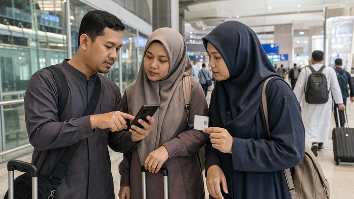 Tiga jamaah Umrah Mandiri membandingkan pilihan koneksi internet di area kedatangan bandara Saudi